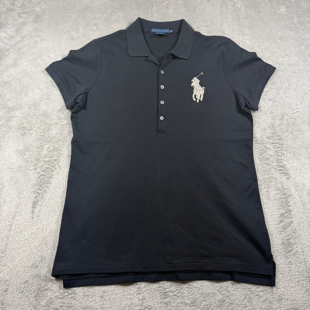 Ralph Lauren Polo Shirt Women XL Black Metallic Thread Big Pony Short Sleeve